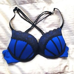 Blue and black sexy lace push-up crossback bra